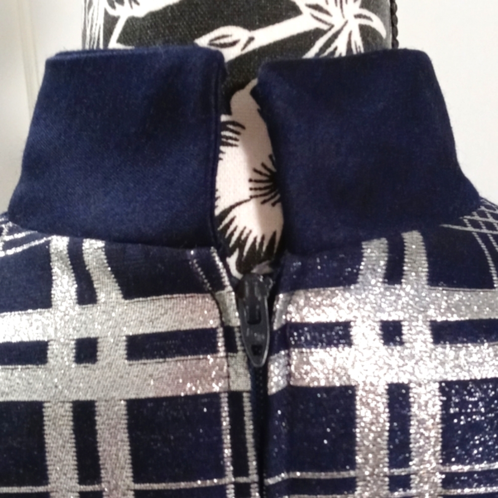 💙VTG 1960s Oscar de la Renta💙 - Navy Silk & Silver Metallic Plaid Mod Dress - Picture 8 of 16